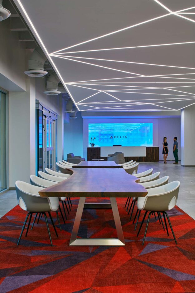 Geometric linear lighting installed at a Delta Airlines office